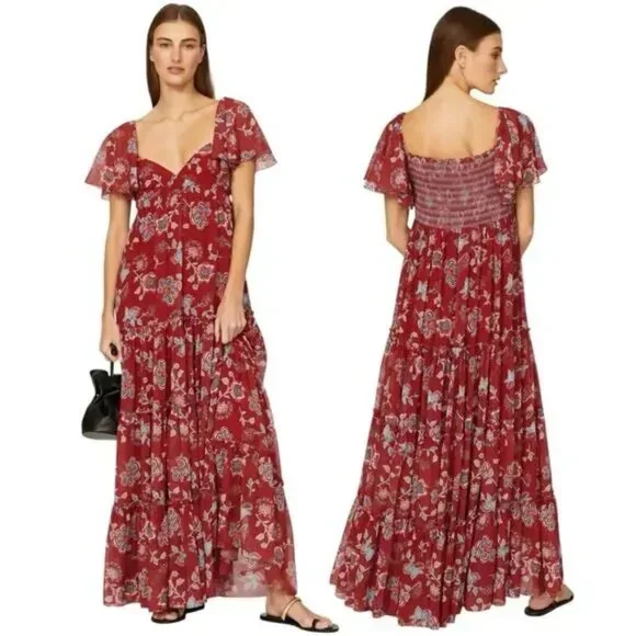 Sachin + Babi Floral Kara tiered chiffon empire sweetheart neck Maxi dress red - Picture 1 of 6